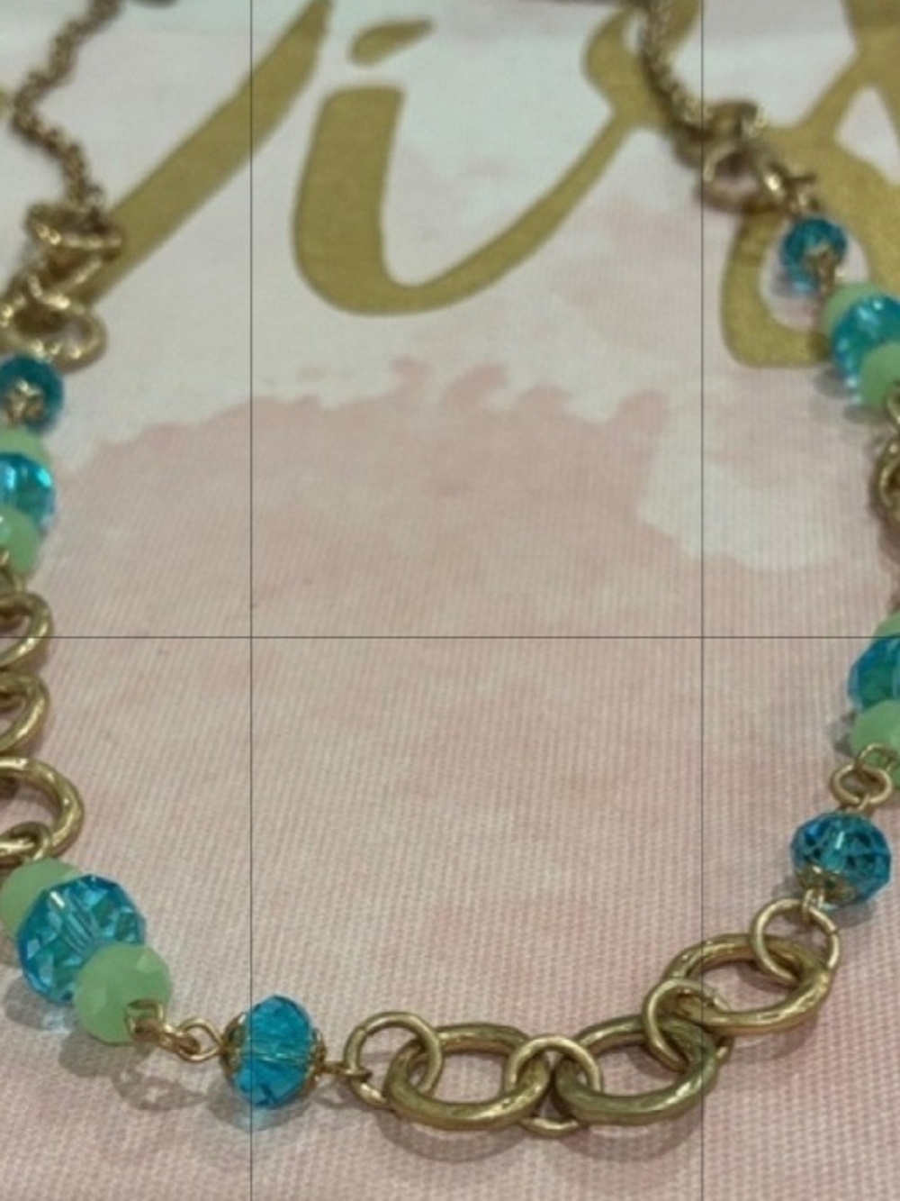 Goldtone Chain Necklace with Aqua and Mint Beleved Beads